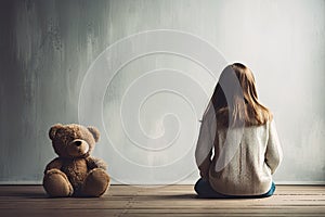 Little autistic girl with teddy bear sitting on floor at empty room. Autism concept