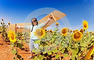 Little aviator flying in sunflower field