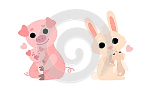 Little Baby Animal and Their Mom Cuddling and Loving Each Other Vector Set