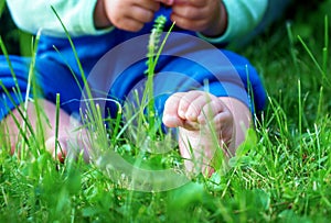 Little baby bare feet on fresh green grass