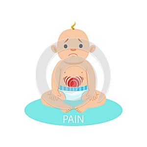 Little Baby Boy In Nappy Having Belly Pain, Part Of Reasons Of Infant Being Unhappy And Crying Cartoon Illustration