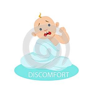 Little Baby Boy In Nappy Tangled In Blanket Feeling Discomfort, Part Of Reasons Of Infant Being Unhappy And Crying