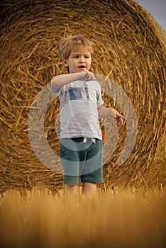 Little baby boy stand on farm with hay bale