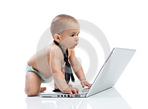 Little baby businessman working on the computer