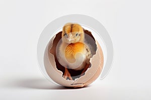 A little baby chick hatching out of his egg isolate on white background