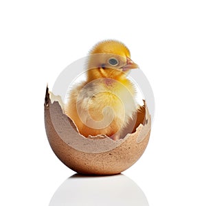 A little baby chick hatching out of his egg isolate on white background