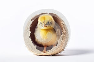 A little baby chick hatching out of his egg isolate on white background