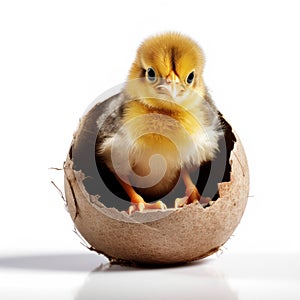 A little baby chick hatching out of his egg isolate on white background