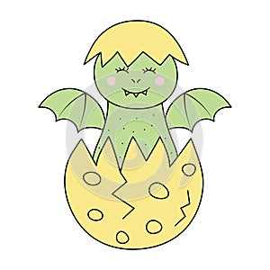 Little baby dinosaur hatching from the egg. Prehistoric cartoon character in doodle style