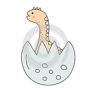 Little baby dinosaur hatching from the egg. Prehistoric cartoon character in doodle style