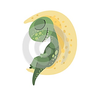 Little baby dinosaur sleeps on the moon. Starry night sky Isolated object on white background. Cheerful kind animal baby