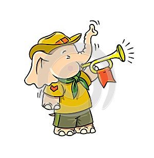 Little baby elephant blows a bugle. Scout camp