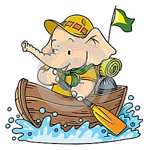Little baby elephant floating by boat. Scout