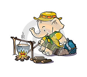 Little baby elephant near a campfire. Scout camp