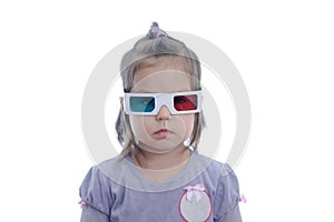 Little baby girl in 3D anaglyph cinema glasses for stereo image system with polarization. 3D goggles