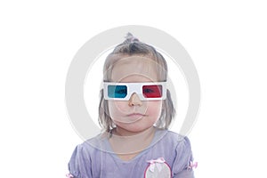 Little baby girl in 3D anaglyph cinema glasses for stereo image system with polarization. 3D goggles