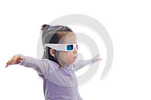 Little baby girl in 3D anaglyph cinema glasses for stereo image system with polarization. 3D googles with red and blue eyes