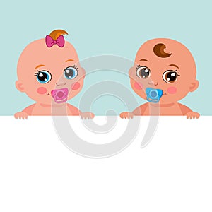 Little Baby Girl And Boy Holding Banner Board. Cartoon Baby Image.