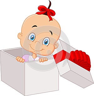 Little baby girl cartoon inside open gift box