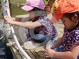 Little baby girl  left , 3 years old, together with her younger sister, enjoys feeding fishes in the water with dry pallet food