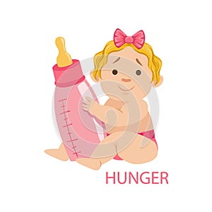 Little Baby Girl In Nappy Holding A Bottle Being Hungry, Part Of Reasons Of Infant Being Unhappy And Crying Cartoon