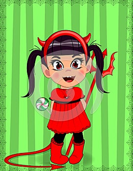 Little baby girl in red devil imp costume on green striped background