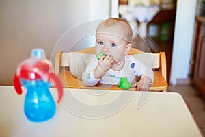 Little baby girl sitting in high chair and drinking water from sippy cup