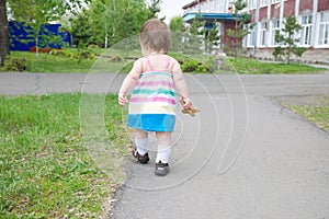 Little baby girl walking away in summer with toy