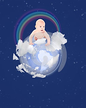 Little baby globe with rainbow on blue sky