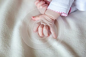 Little baby holding mother`s hand