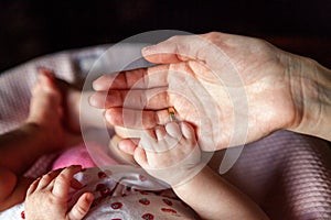 Little baby holding mother`s hand