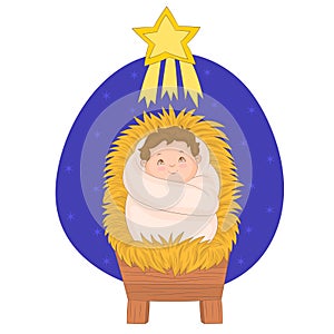 Little baby Jesus on the manger, looking the star, Christmas scene.