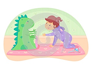 Little baby in jumpsuit crawling to toy dragon