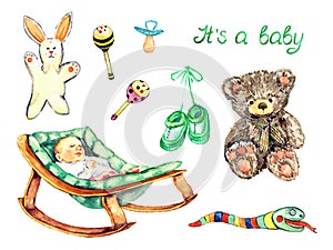 Little baby laying in green cradle, brown plush teddy bear, boots and  pacifier, handmade rabbit, funny snakes rainbow colors