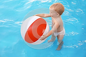 Little baby playing with inflatable ball in swimming pool. Dangerous situation