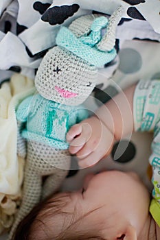 Little baby sleep in his crib with bunny toy