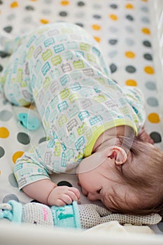 Little baby sleep in his crib with bunny toy