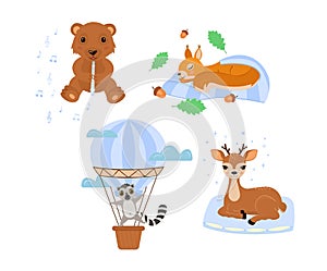 Little baby squirrel sleeps, bear plays flute, lemur flies balloon, deer sits on pillow