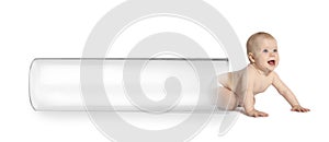 Little baby and test tube on white background, banner design. Reproductive medicine