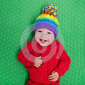 Little baby in warm knitted hat