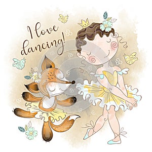 Little ballerina dancing with a Fox ballerina. I love dancing. Inscription. Vector