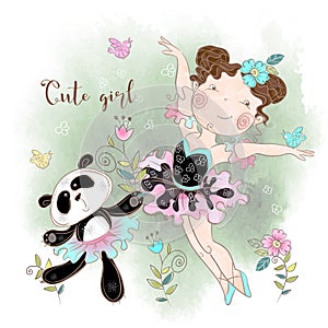 Little ballerina dancing with Panda ballerina. Cute girl. Inscription. Vector illustration