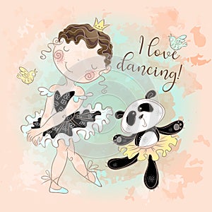 Little ballerina dancing with Panda ballerina. I love dancing. Inscription. Vector photo