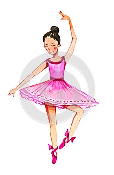 Little ballerina dancing in pink dress. Hand drawn cartoon watercolor illustration for children design, prints and postcards