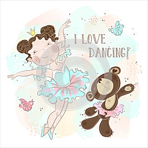 Little ballerina girl dancing with a bear. I love dancing. Inscription. Vector