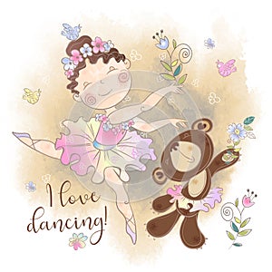 Little ballerina girl dancing with a bear. I love dancing. Inscription. Vector