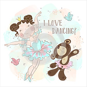 Little ballerina girl dancing with a bear. I love dancing. Inscription. Vector photo