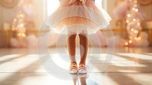 Little ballerina legs in pink dance shoes and tutu. Light festive background. Copy space. Generative AI