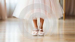 Little ballerina legs in pink dance shoes and tutu. Light festive background. Copy space. Generative AI