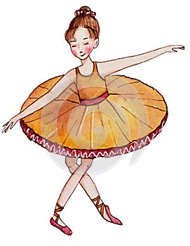 Little ballerina in yellow dress. Reverence.